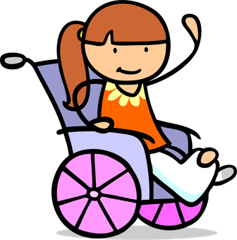 Illustration of a smiling girl in a wheelchair waving